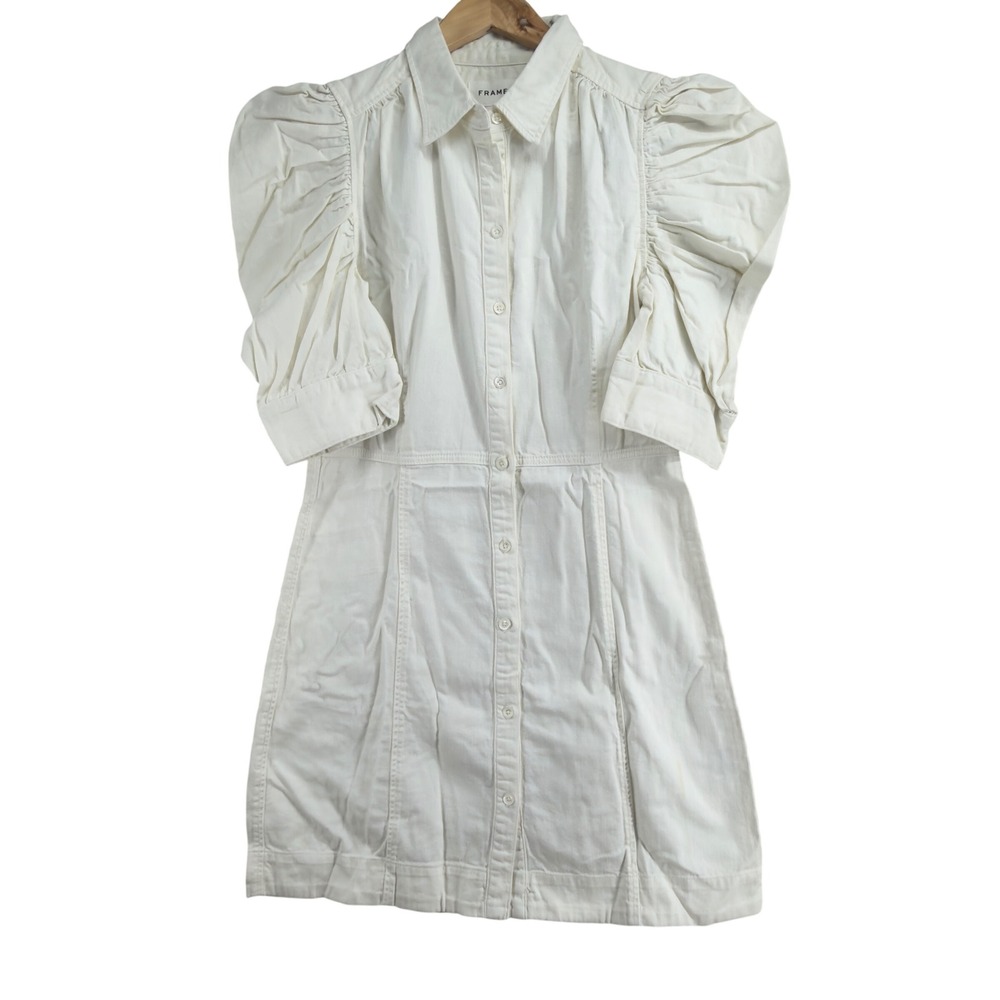 FRAME Gillian Dress Ecru White Puff Sleeve Button Front Denim Mini Dress size M